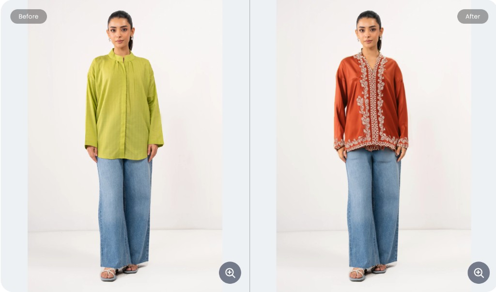 Before and after virtual try-on comparison on a product page