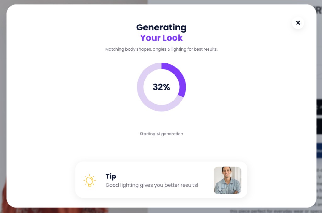 SeeItOnYou AI generation progress screen showing try-on processing