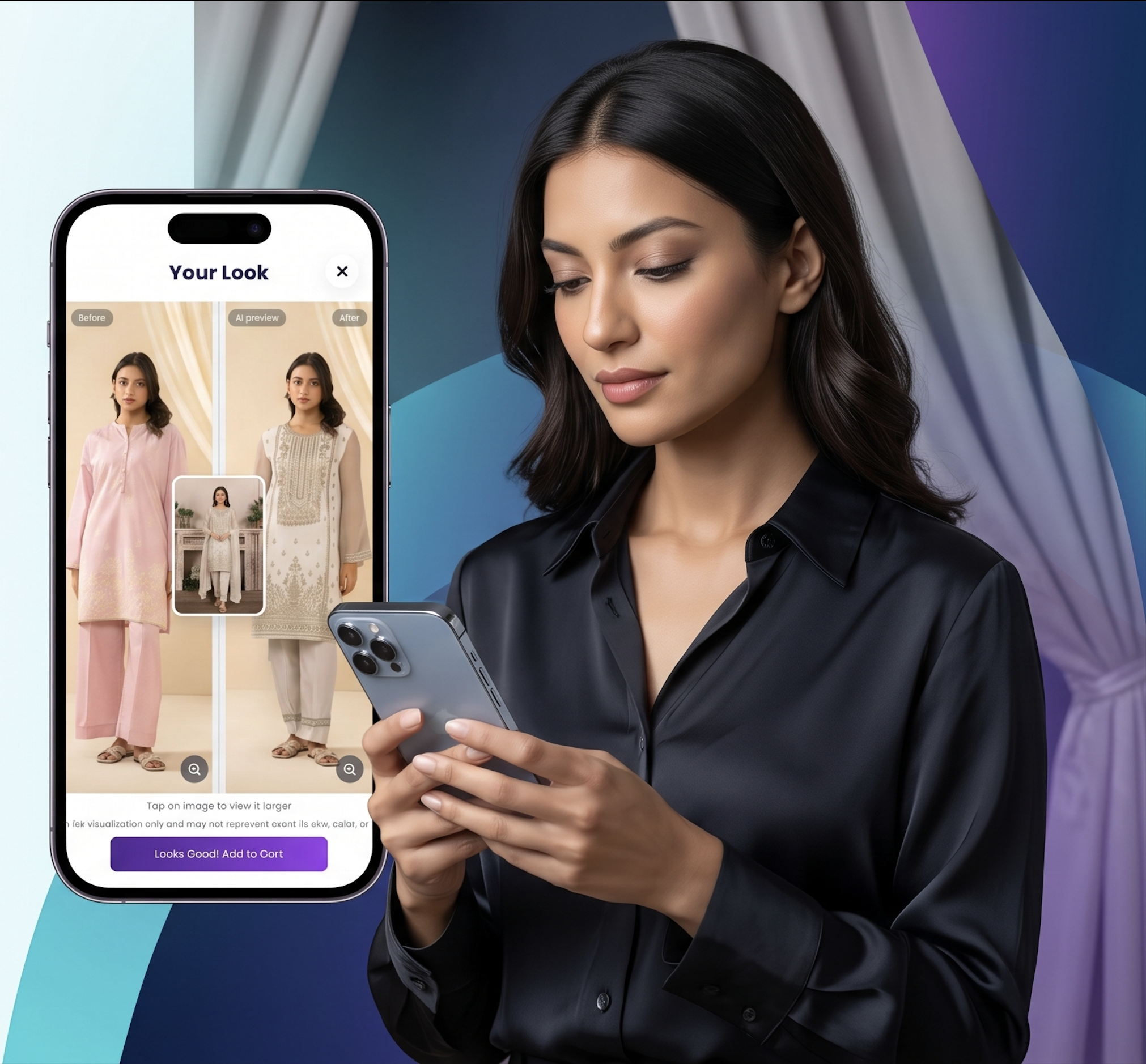 SeeItOnYou virtual try-on: before and after outfit preview on a shopper