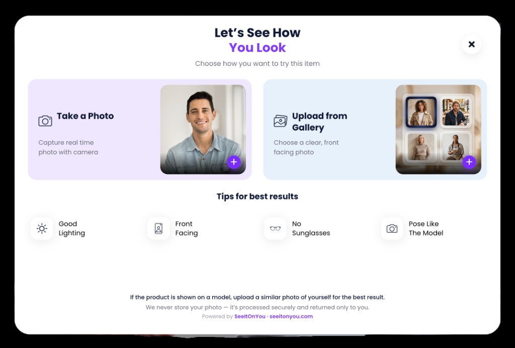 SeeItOnYou photo upload modal with take a photo and upload from gallery options